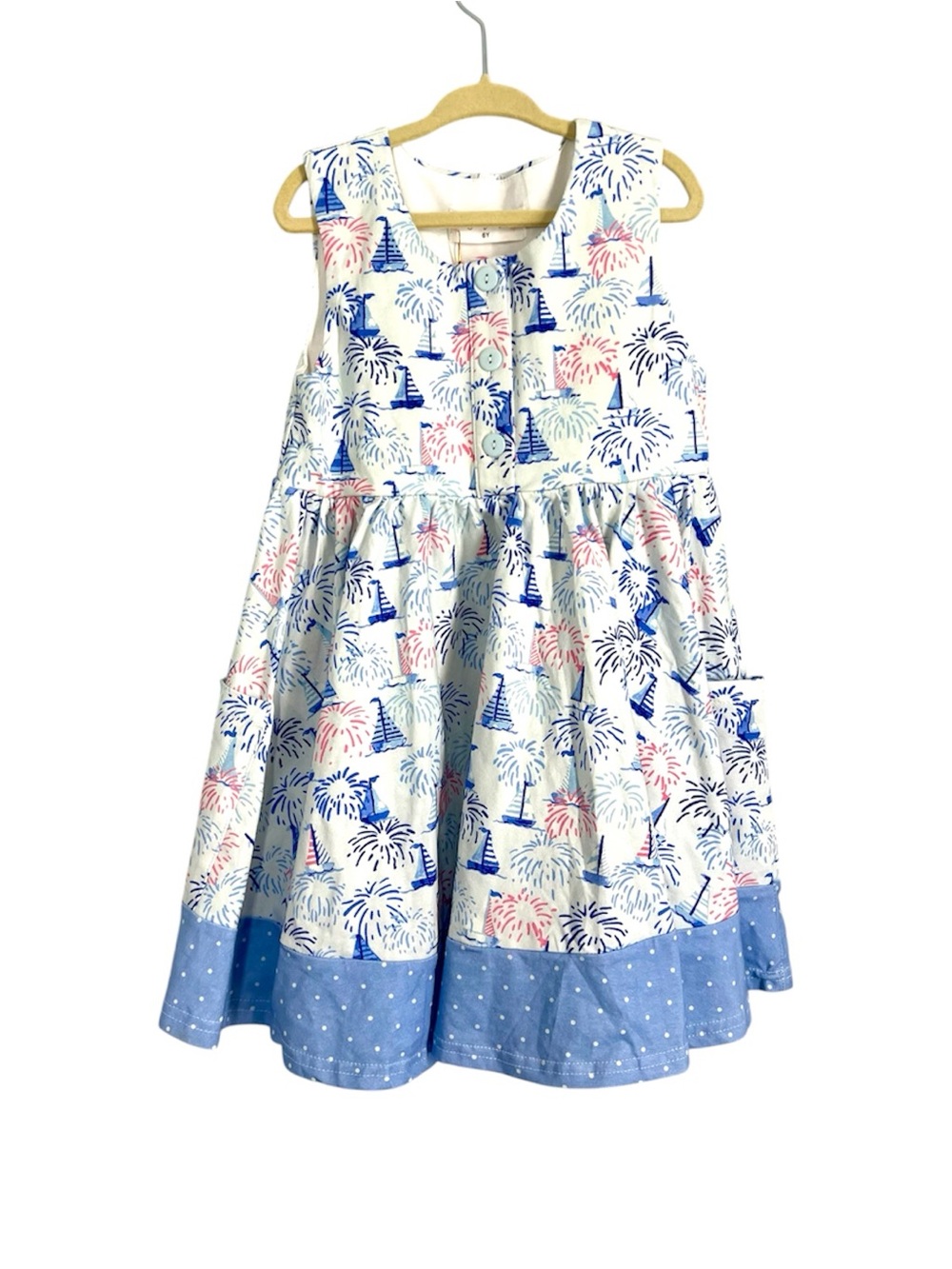 SweetHoney Twirl Dress White Dress with Blue & Pink Firework Print size 6 new
